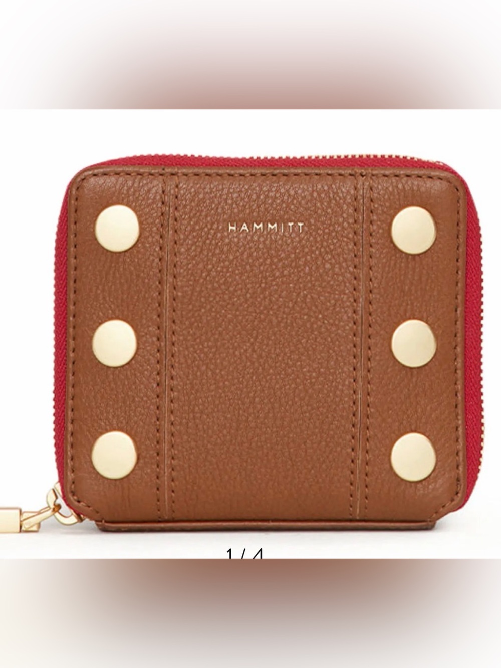 Hammitt 5 North Brown Leather Zip Wallet with Gold-Tone Studs and Red Zip Small